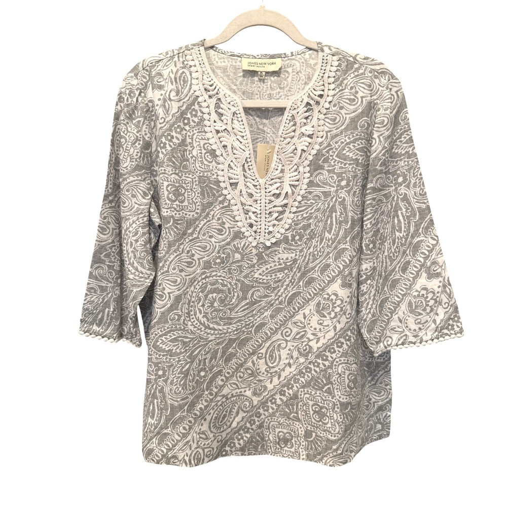 Jones New York Linen Tunic Top Crochet Lace Appliqué PL New Grey Paisley Boho